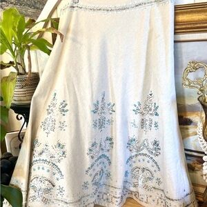Gorgeous Beaded Linen Basil & Maude Rayon Lined Turquoise Midi Skirt- SZ 10